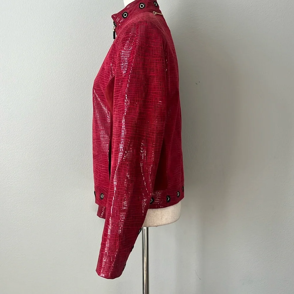 St John Couture Red Embossed Leather Jacket Grommet‎ Moto Zip SZ 6-8